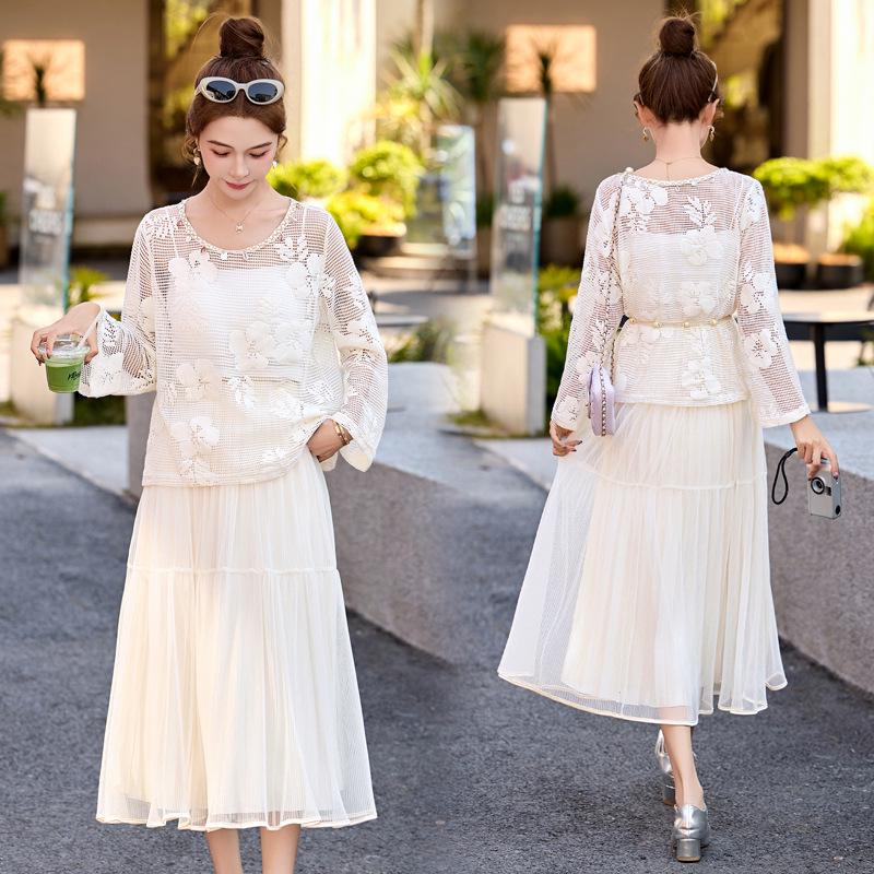 

Летняя мода 2025, комплект кружевной жакет, майка и юбка миди - YF2565 L (105-115 jin)