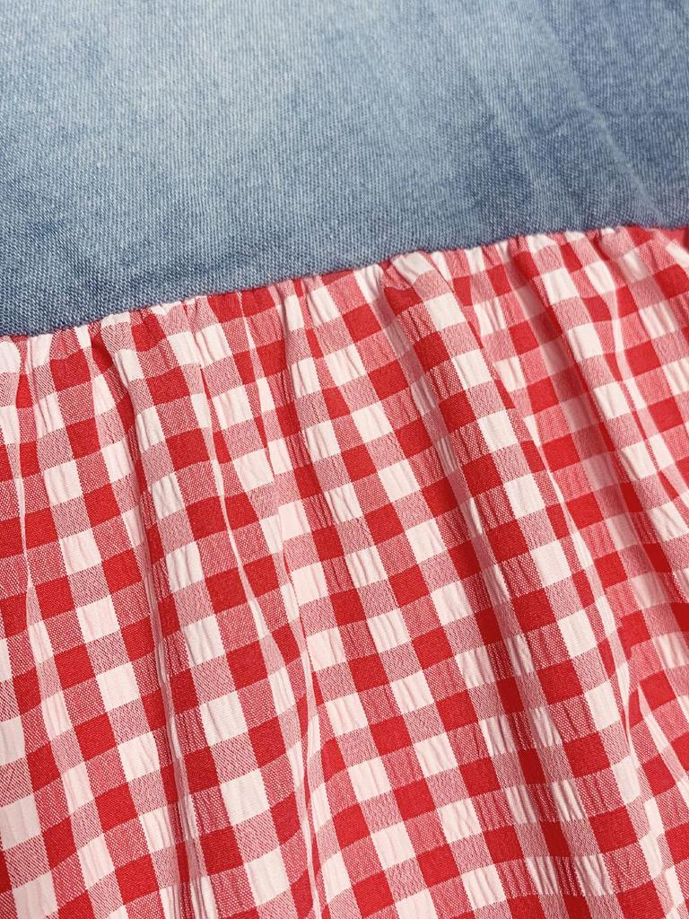 European & American Women's Sexy Fashion T-shirt and Denim Patchwork High-Waist Split Plaid Skirt Set