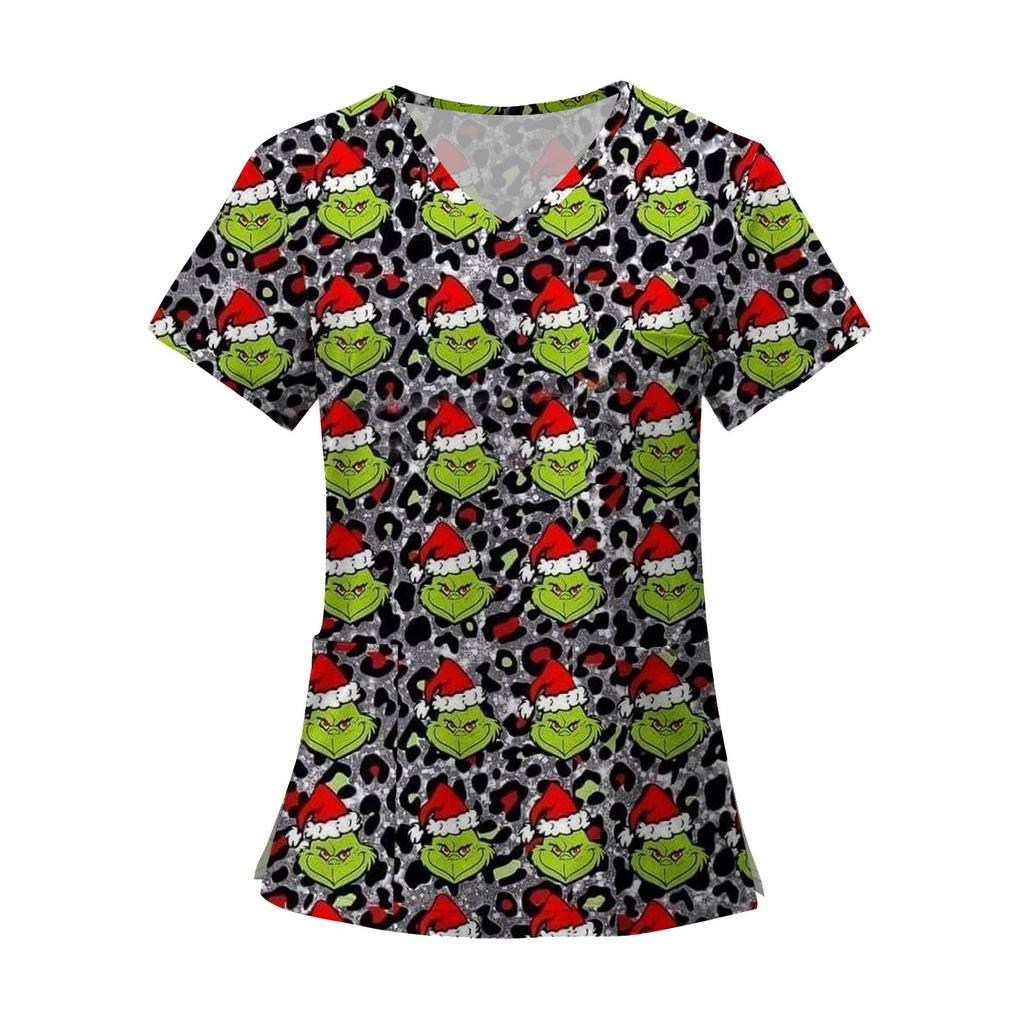 Women's Fashion Printed Short Sleeve V Neck Pattern Tops Pocket Working T-shirts