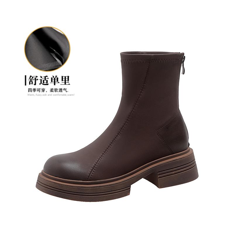 

2025 осень и зима короткие ботинки женские универсальные эластичные тонкие ботинки толстый каблук челси стиль ретро толстая подошва мартинсы 33 коричневый
