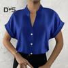 Koszula damska V Neck Stójka Jednorzędowy krótki rękaw Jednolity kolor Jedwabiście gładka Formalna Biznes OL Styl dojazdowy Top damski Bluzka