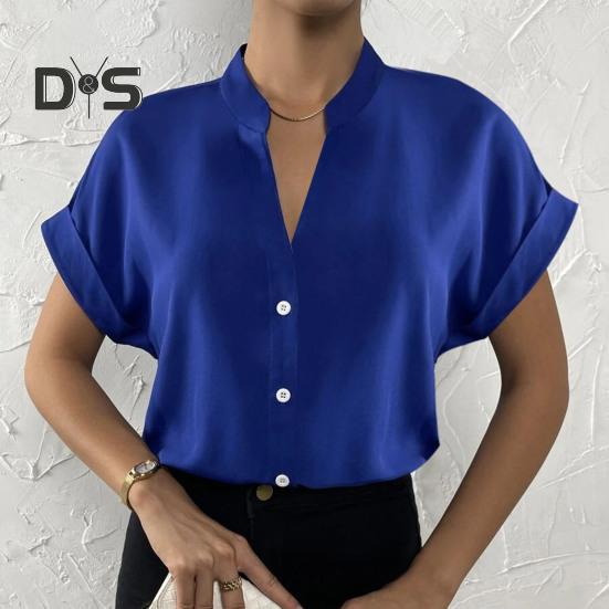 Dámská košile s výstřihem do V límec Jednořadá s krátkým rukávem Jednobarevná Hedvábně hladká Formální Business OL Dámská top halenka ve stylu dojíždění