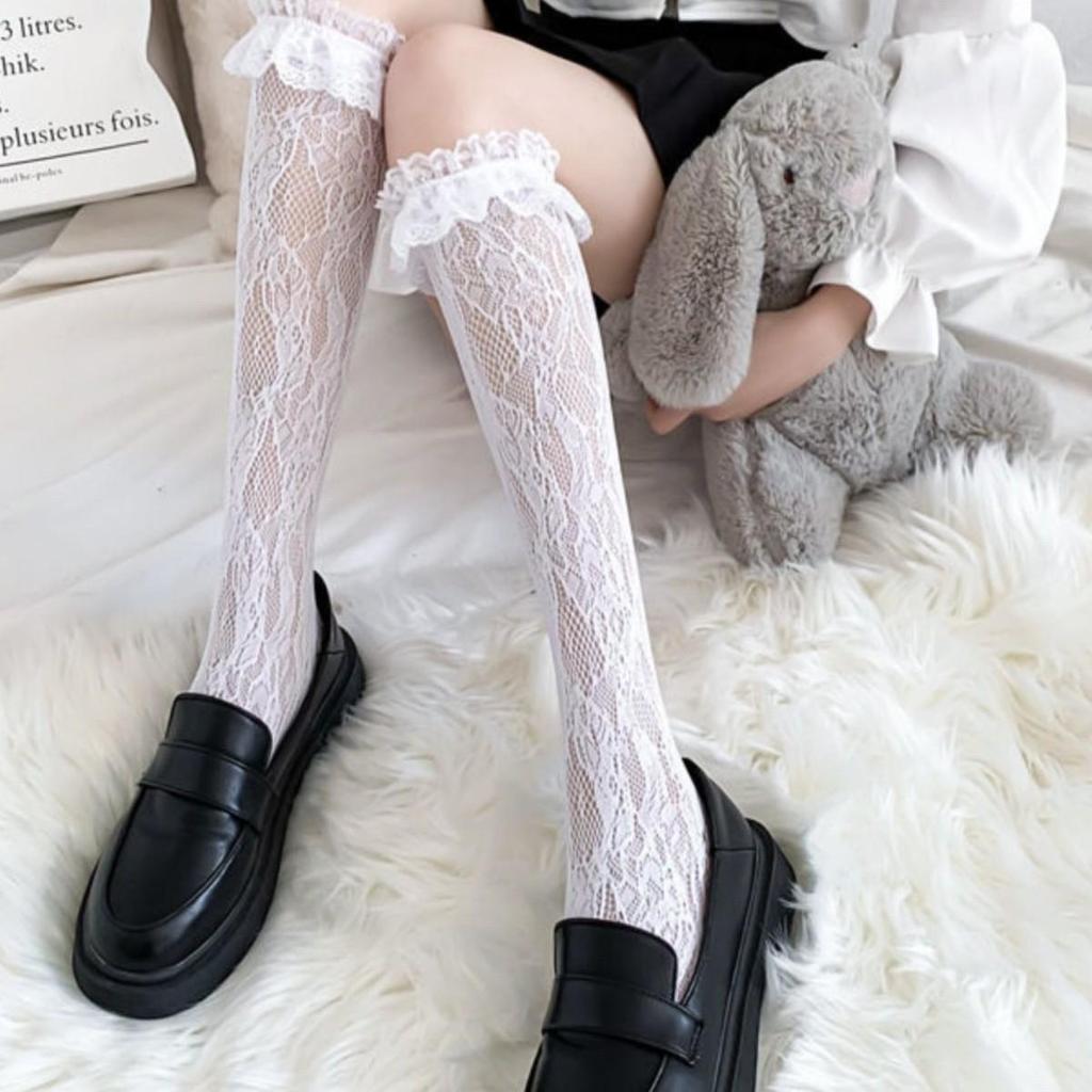 Lolita White Mid-Calf Lace Trim Socks