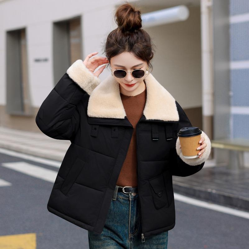 Winter new cotton-padded jacket loose and versatile short thermal cotton-padded jacket fashionable and simple women's jacket lamb wool lapel