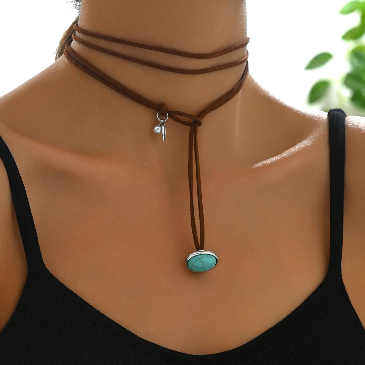 Богемные этнические аксессуары бирюзовый кулон винтажное кожаное ожерелье