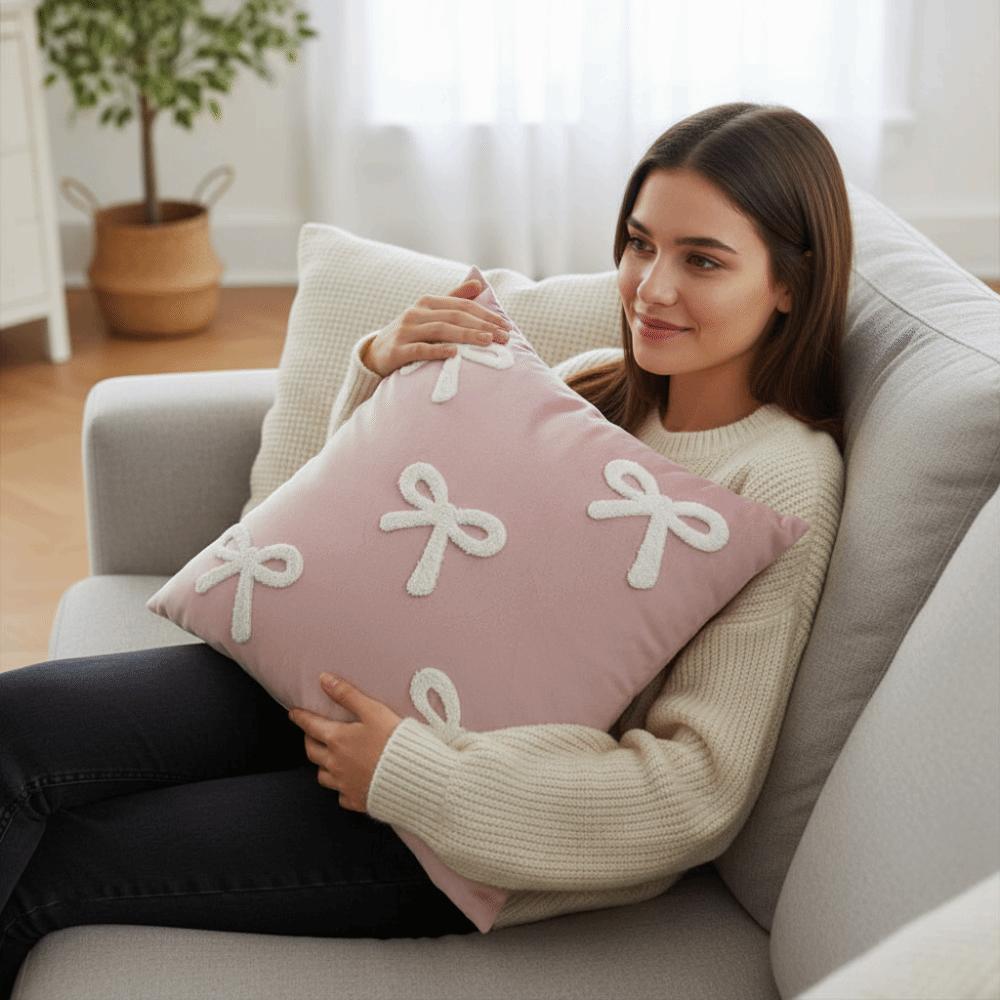 Cute Velvet Sofa Pillow Cover Luxury Soft Cushion Cover with Bow Embroidery Decorative Bow Pillow Case Sofa Decor