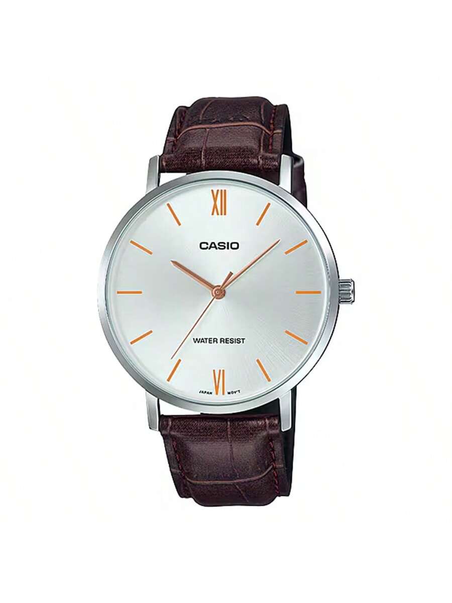 Мужские минималистичные наручные часы Casio - Серебристый циферблат, Синие маркеры часов, Кожаный ремешок, Стрелочный дизайн, Элегантные и универсальные, -7B1/-7B2 MTP-VT01L серебряный