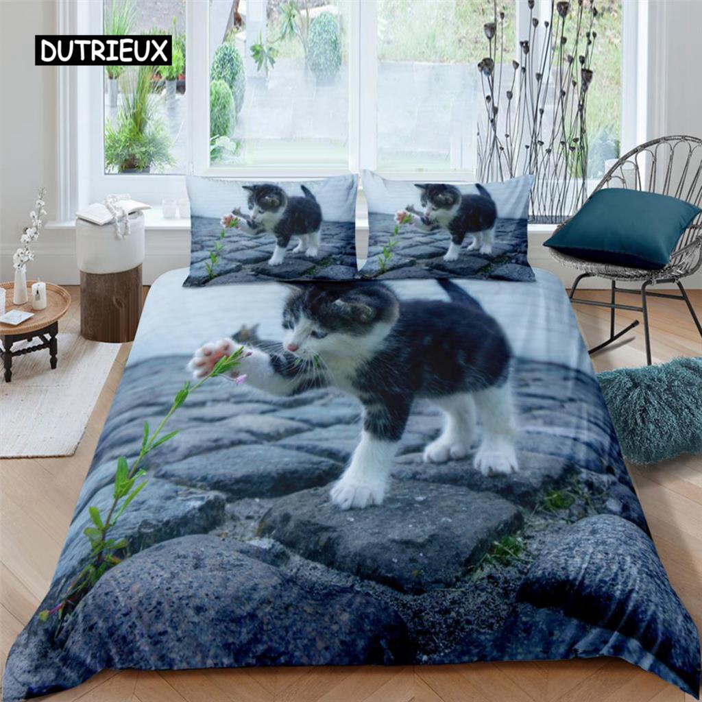 Zestaw poszewek na kołdrę dla kotów, wzór dla kotów, podwójny zestaw pościeli, uroczy kociak dla chłopców, poliester, tajemniczy czarny kot, poszewka na kołdrę w rozmiarze king size
