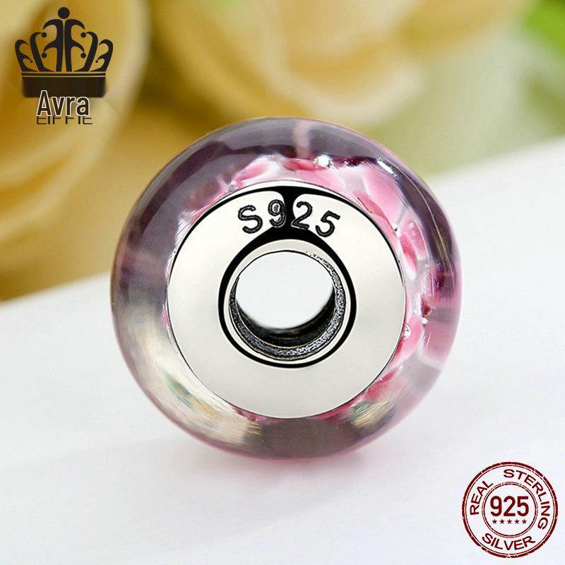 Sterling Silver S925 Pink Flower Lampwork Beads for DIY Bracelets, Versatile Style - SCZ008.