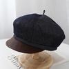 New Retro Age-reducing PU Leather Denim Splicing Octagonal Newsboy Hat Women's Autumn Beret Fashion Versatile Painter Hat