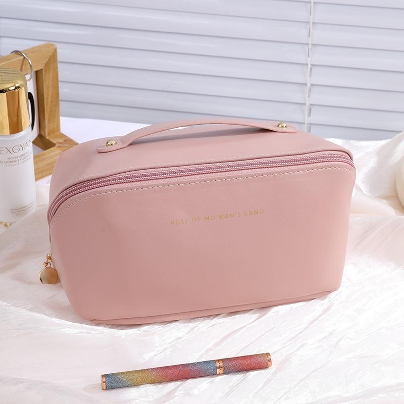 Portable Checkerboard Pu Leather Handheld Travel Large Capacity Cosmetic Toiletry Storage Bag