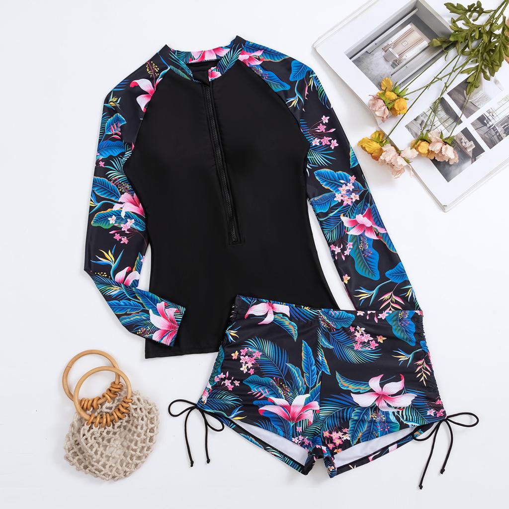 Two-Piece Printed Swimsuit Conservative Long-Sleeved Swimsuit Surfing Suit