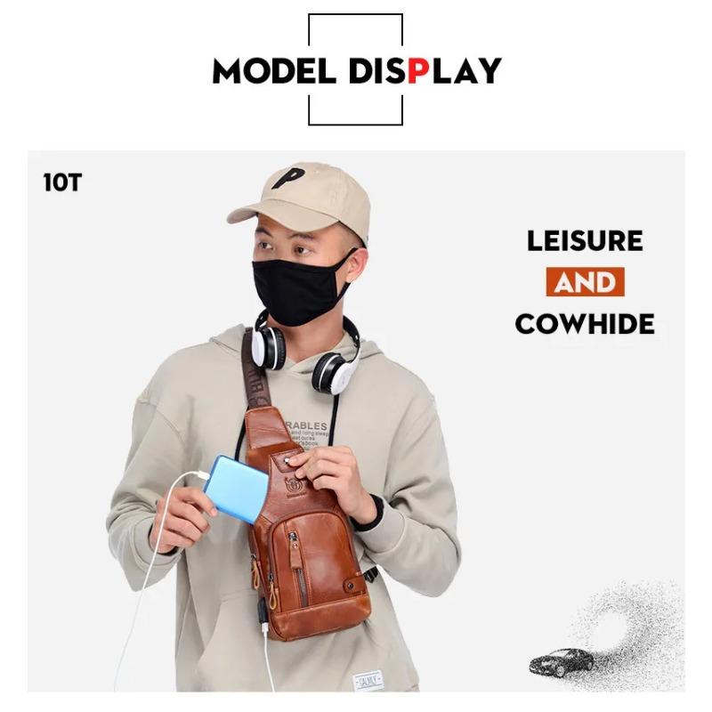 2024 New 100% Cowhide Leather Casual Fashion Crossbody Chest Bag Men's Leather Bag USB Charging Travel Shoulder Bag Daypack Male