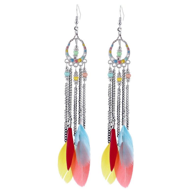 Fashion Feather Chain Tassel Long Earrings For Women Boho Beads Handmade Enamel Zircon Vintage Bohemian Earrings Pendientes