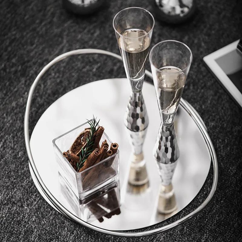 Stainless Steel Mirror Tray, Walnut Oval Handle Storage Tray, Luxurious Metal Aromatherapy, Cosmetics, Storage Decorative Panel