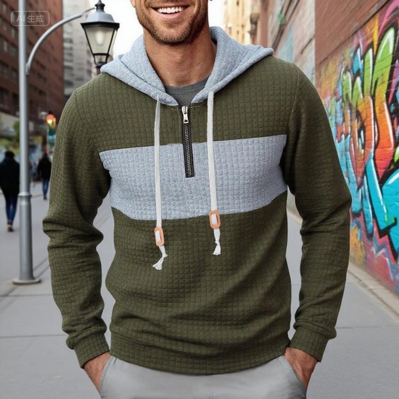 Spring and Autumn New Men's Color-blocked Checkered Sweatshirt Long-sleeved Hoodie Casual Sports Top