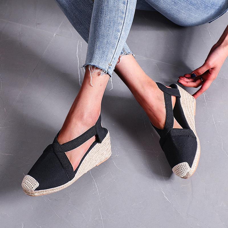 Fashion Women Sandals Summer Fashion Solid Color Espadrilles Casual Cross Belt Casual Wedge Sandal Fashion Outdoor Beach Ladies Shoes