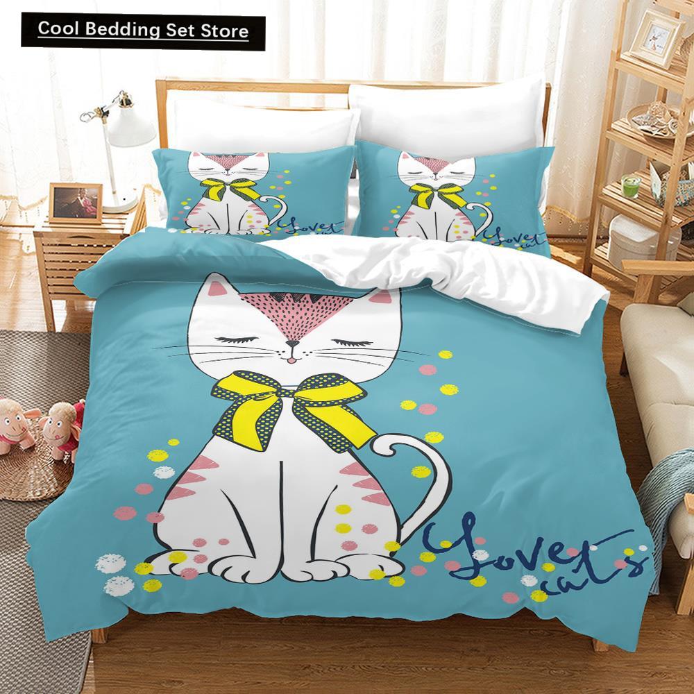 Cartoon Cat King Full Queen Duvet Cover Lovely Pet Kitty Bedding Set Animal Quilt Cover 2/3pcs Purple Polyester Comforter Cover