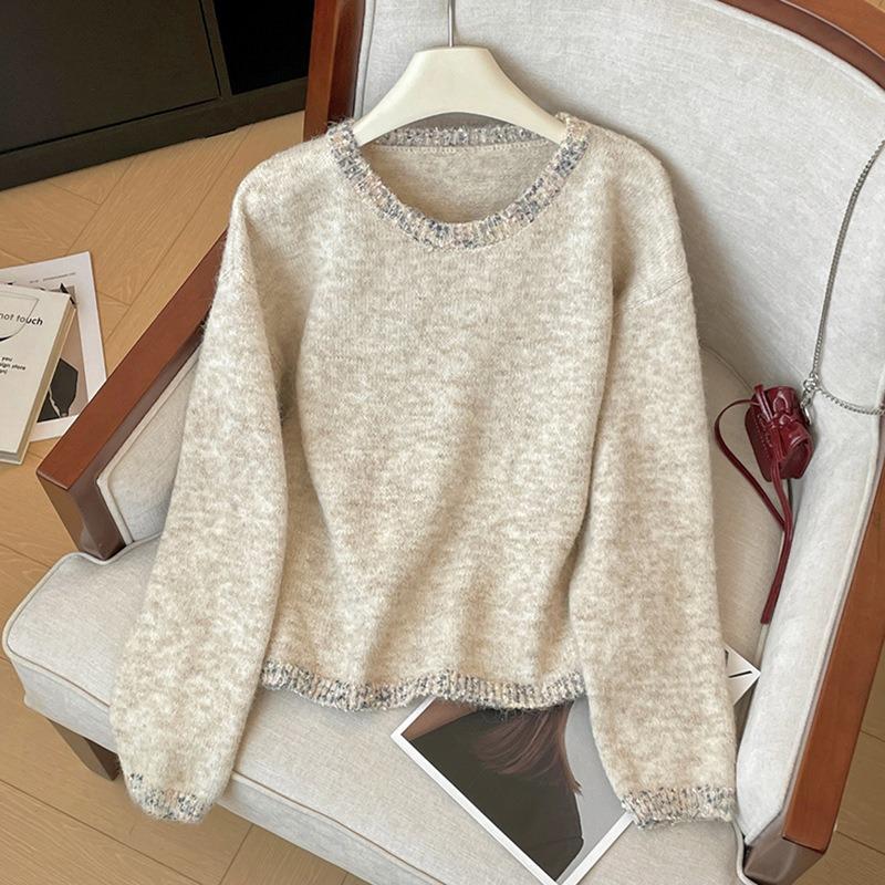 Lazy Wind Long-sleeved Loose and Thin Top Women's Diamond-encrusted Round Neck Pullover Solid Color Simple Knitted Sweater