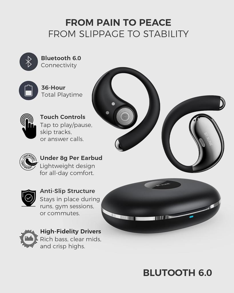 Earphones with Ear Up to 36 Hours of Bluetooth Comfortable Perfect for and More Open-Ear Hooks, Playtime, 6.0, Wireless, Fit, Running, Sports,