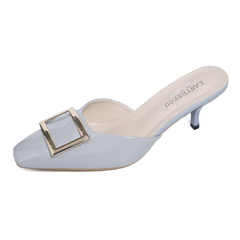 French 2025 Spring Foreign Trade New Square Buckle Sandals Bag Head Half Slippers High Heels Satin Square Head High Heels Women's Shoes