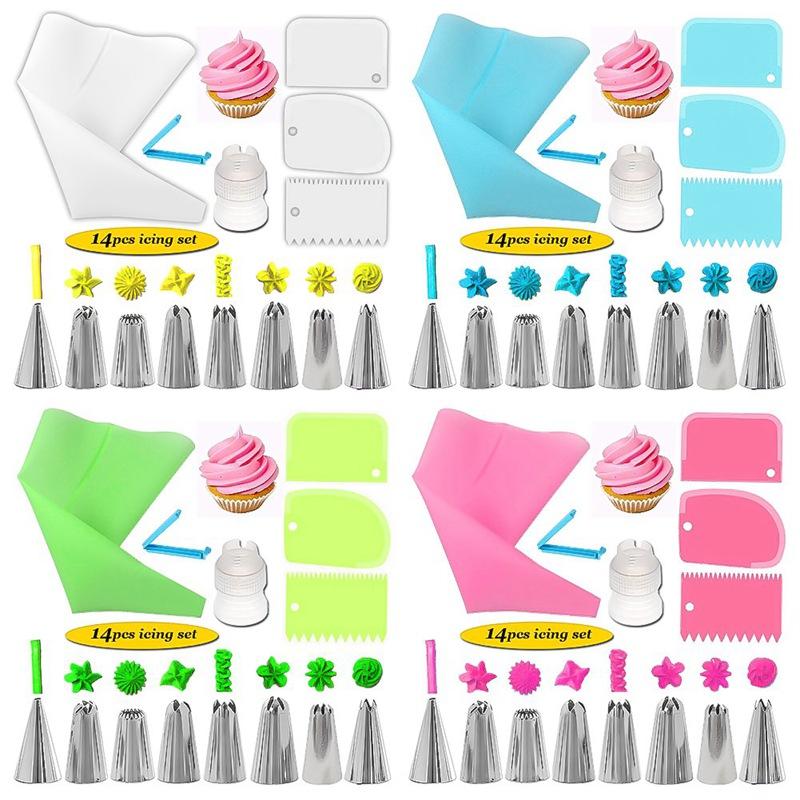 14pcs Cake Decorating Kit Piping Tips Silicone Pastry Icing Bags Nozzles Cream Scrapers Coupler Set DIY Cake Decorating Tools
