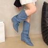Fashion Fashion Pointed Toe Cowboy Boots Women Spring Autumn Thick High Heels Mid Calf Boots Woman Slip On Denim Western Botas Female