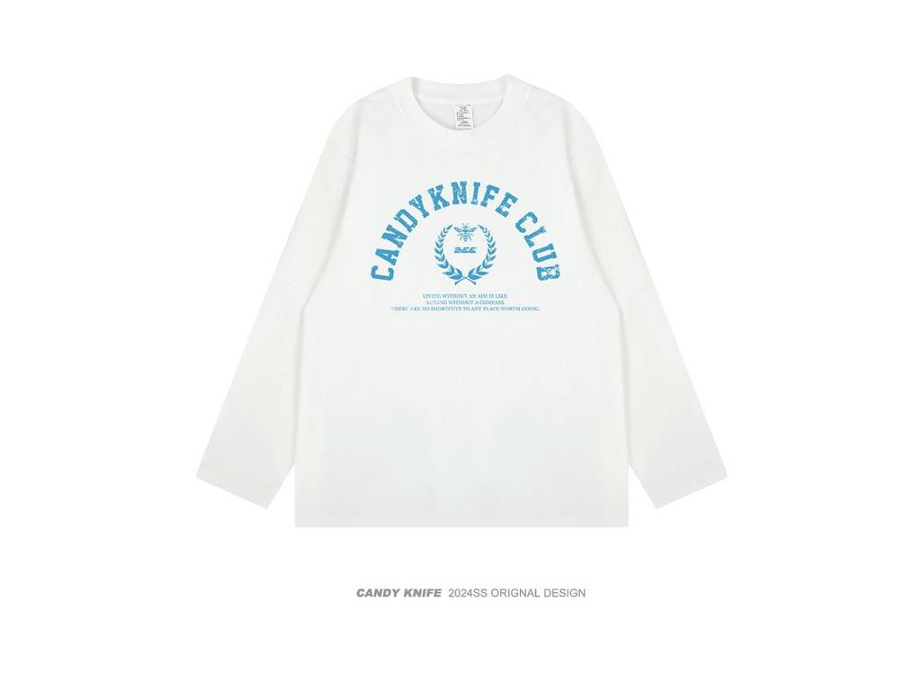 Trendy Korean Style Retro Letter Print Long Sleeve Cotton T-Shirt