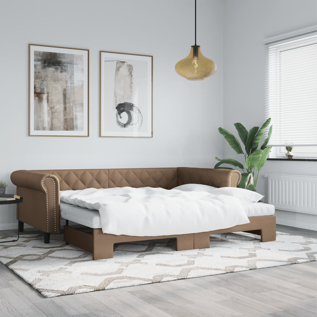 Pull out Day Bed with Mattresses Brown 90x200 cm Faux Leather