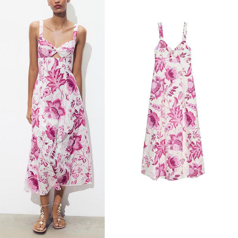 Summer New Product Women's Clothes Seaside Vacation Style Wide Shoulder Strap Cut Out Embroider Printed V-neck Dress 2157053