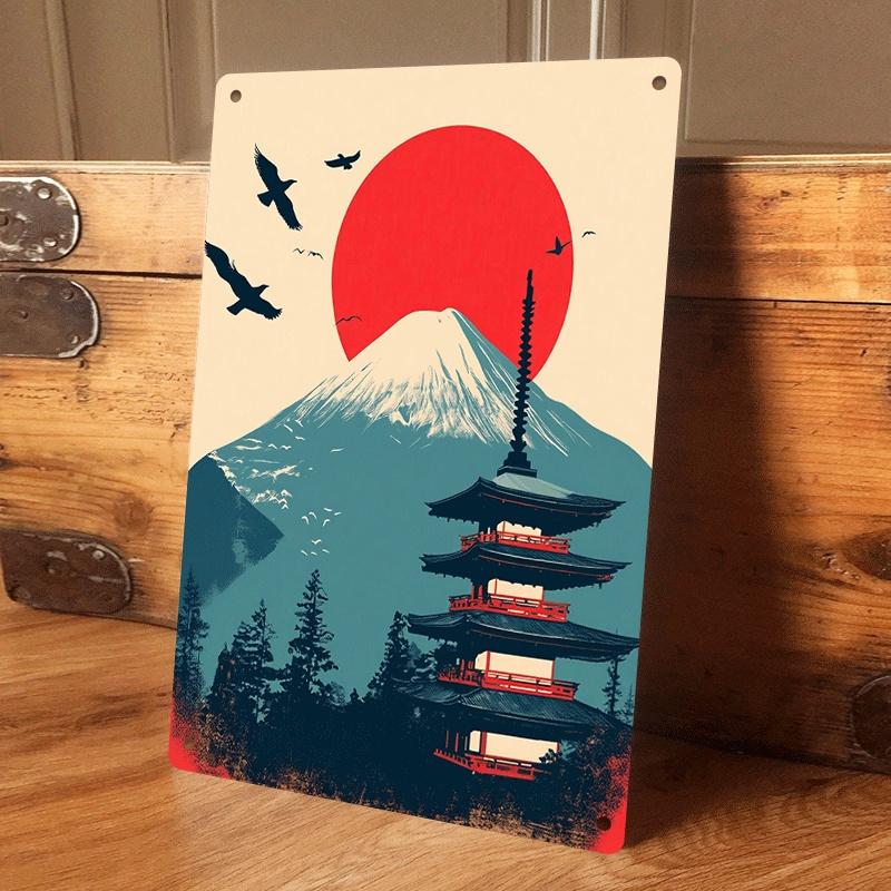 

1 piece of Japanese Ukiyo-e style five-story pagoda of Mount Fuji tin plaque, Japanese Zen-style home decoration painting (as the picture,20x30cm)