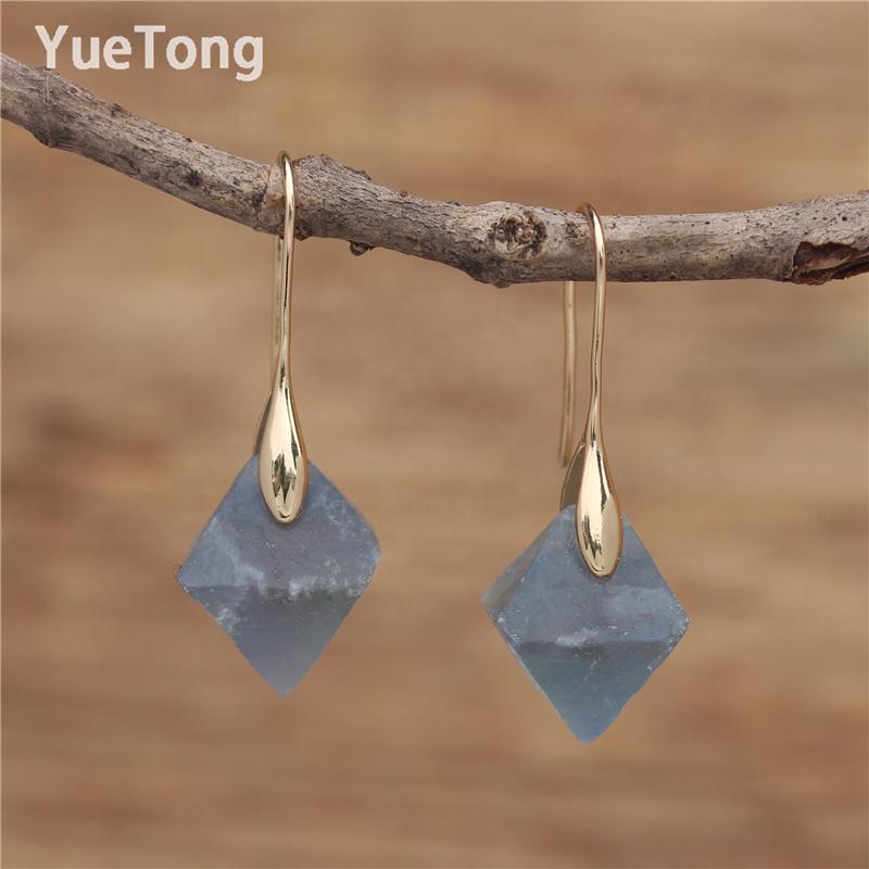 Raw Natural Stone Green Blue Purple Fluorite Gold Hook Teardrop Dangle Earrings Women Minimalist Gemstone Jewelry