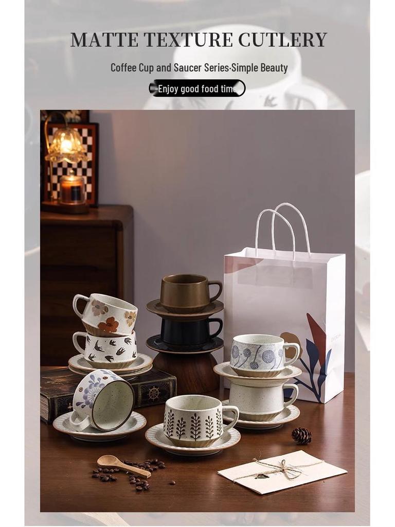 Elegant Niche Ceramic Coffee Cup and Saucer Set In Retro Coarse Pottery Design
