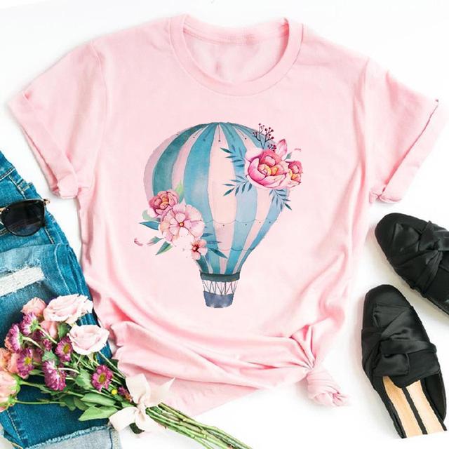 Cute Cartoon Flower Balloon Half Sleeve Base Bf Wind Round Neck Short Sleeve T-shirt Woman Harajuku Oversized T Shirt