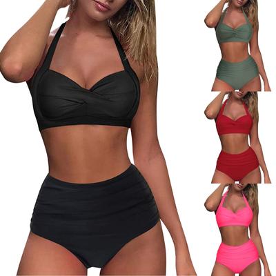 Damski Kostium Kąpielowy Vintage Dwuczęściowy Retro Marszczony Wysoki Stan Z Nadrukiem Zestaw Bikini