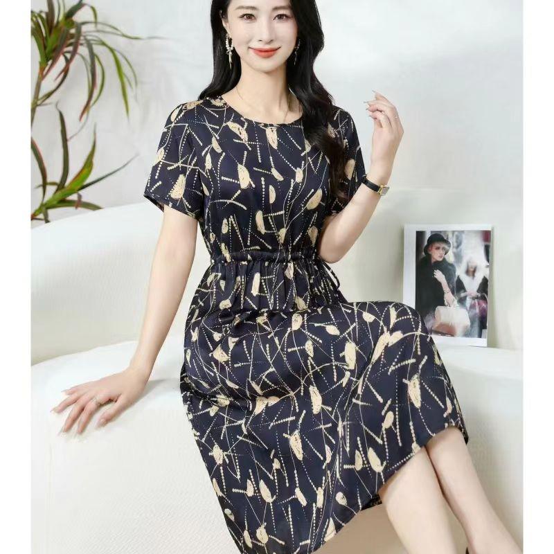 

2026 Summer Floral Print Slimming Dress for Middle-Aged Women - Short Sleeve, Waist-Cinched, Plus Size Fashion XL (For 90-115 jin) квітковий/чорний