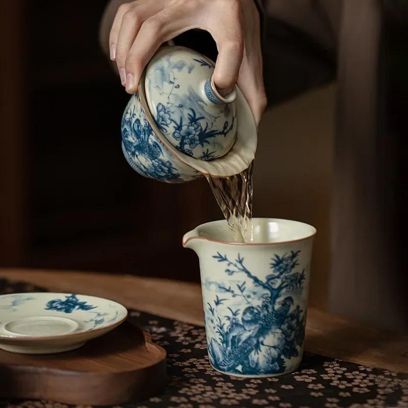 Birds Ru Yao Porcelain Gaiwan Set For Tea Tureen Teaware Cup Chinese Blue Bowls Chawan Tea Ceremony Set Deng'S
