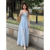 French Summer Blue Suspender Dress Women's New Temperament Waist Thin a Word Seaside Vacation Skirt