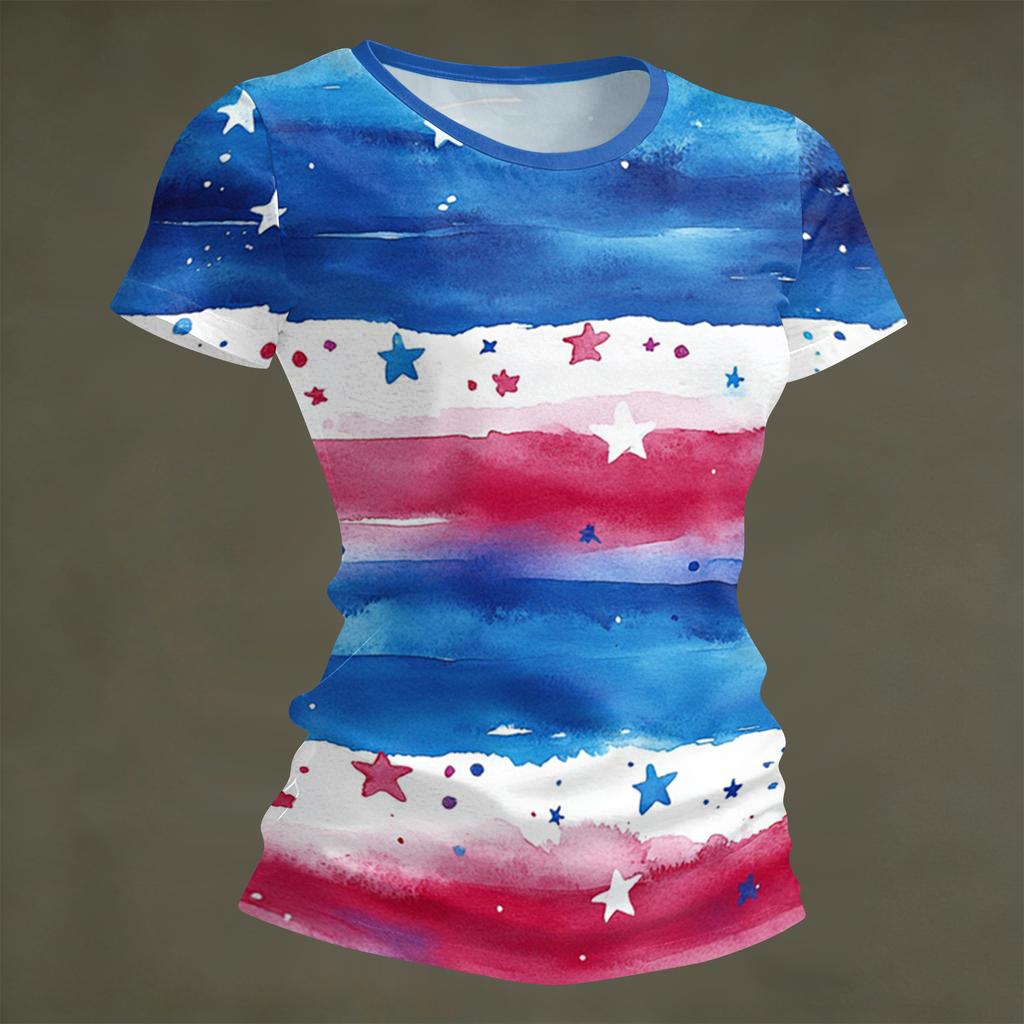 Women's Fashion Round Neck Independence Day Print Short Sleeve Loose Crewneck T-Shirt Top