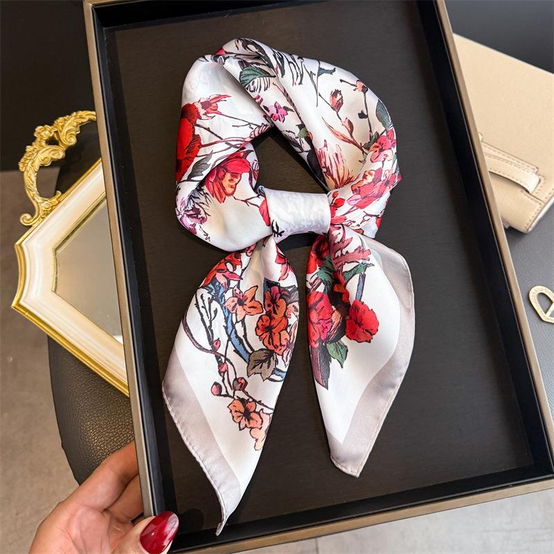 French Flower Simulation Silk Printing Silk Scarf Square Scarf High-end Shawl Sunscreen Neck Small Square Scarf Headscarf Female