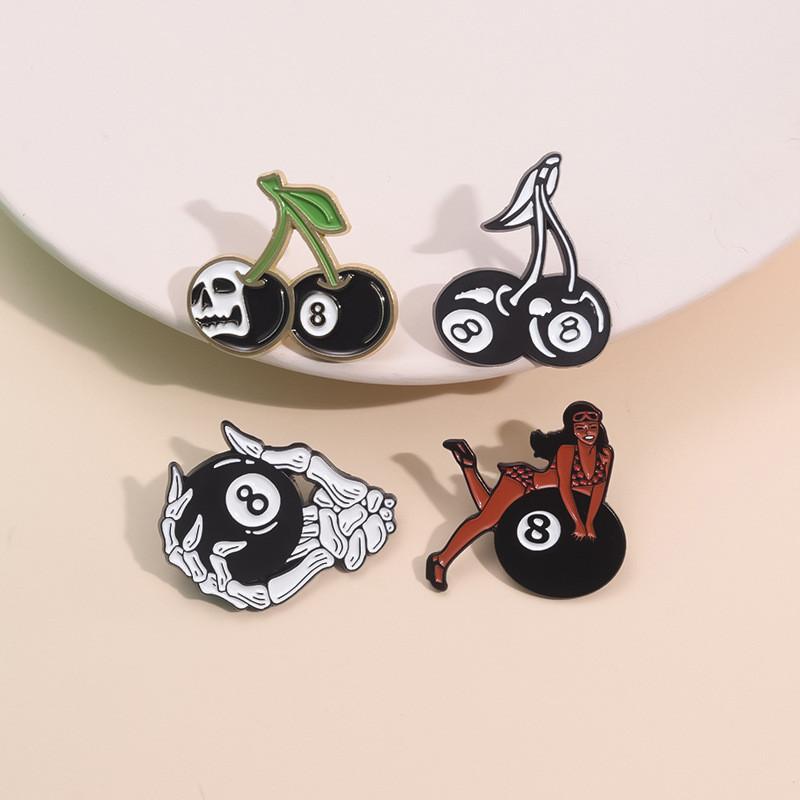 Unique Black 8 Ball Sports Metal Badge Creative Cherry Skull Cartoon Brooch Pin For Fashionable Wear