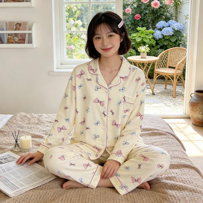 Imiteret bomuld ins japansk sløjfe pyjamas dame forår ny sød pige langærmet loungewear todelt sæt
