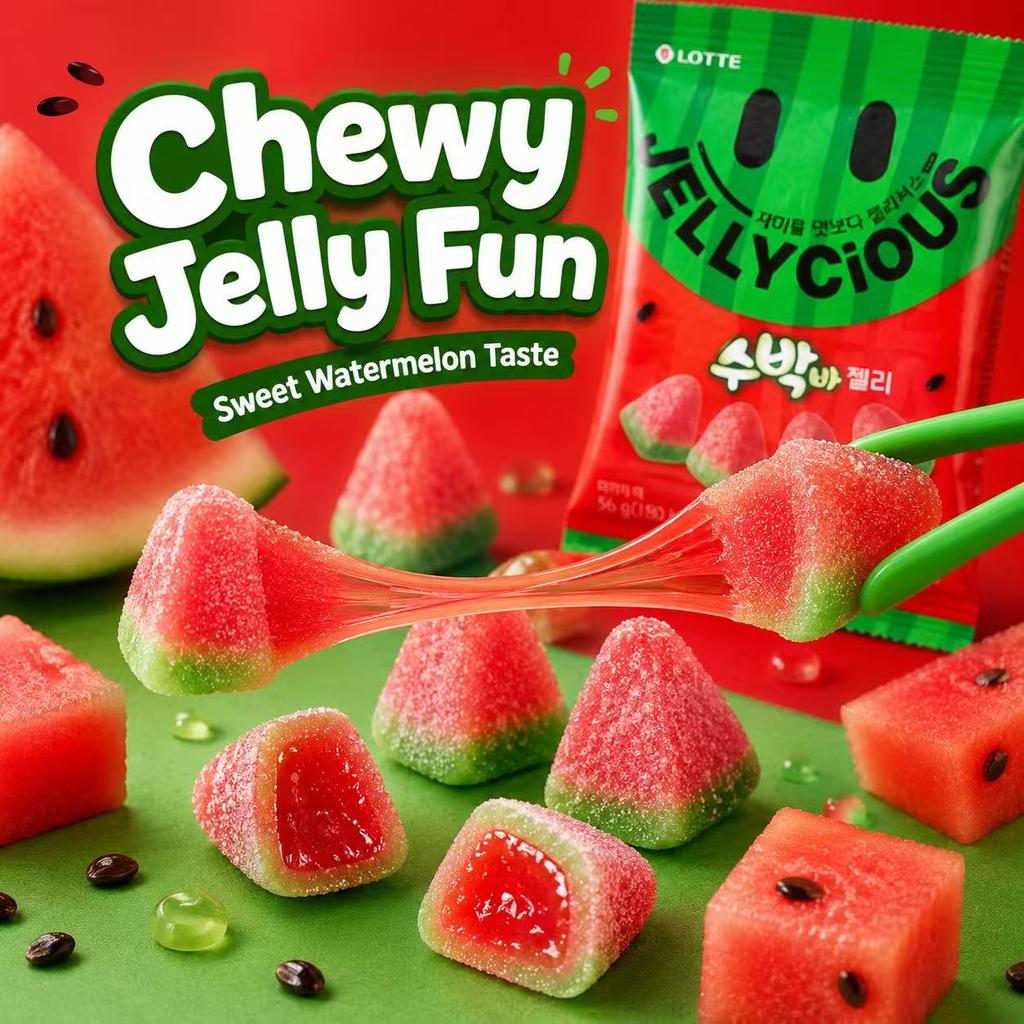 Lotte Wassermelonen-Weichbonbons 56g | Süßer saftiger Geschmack, Elastische kaubare Textur, Praktische kleine Packung