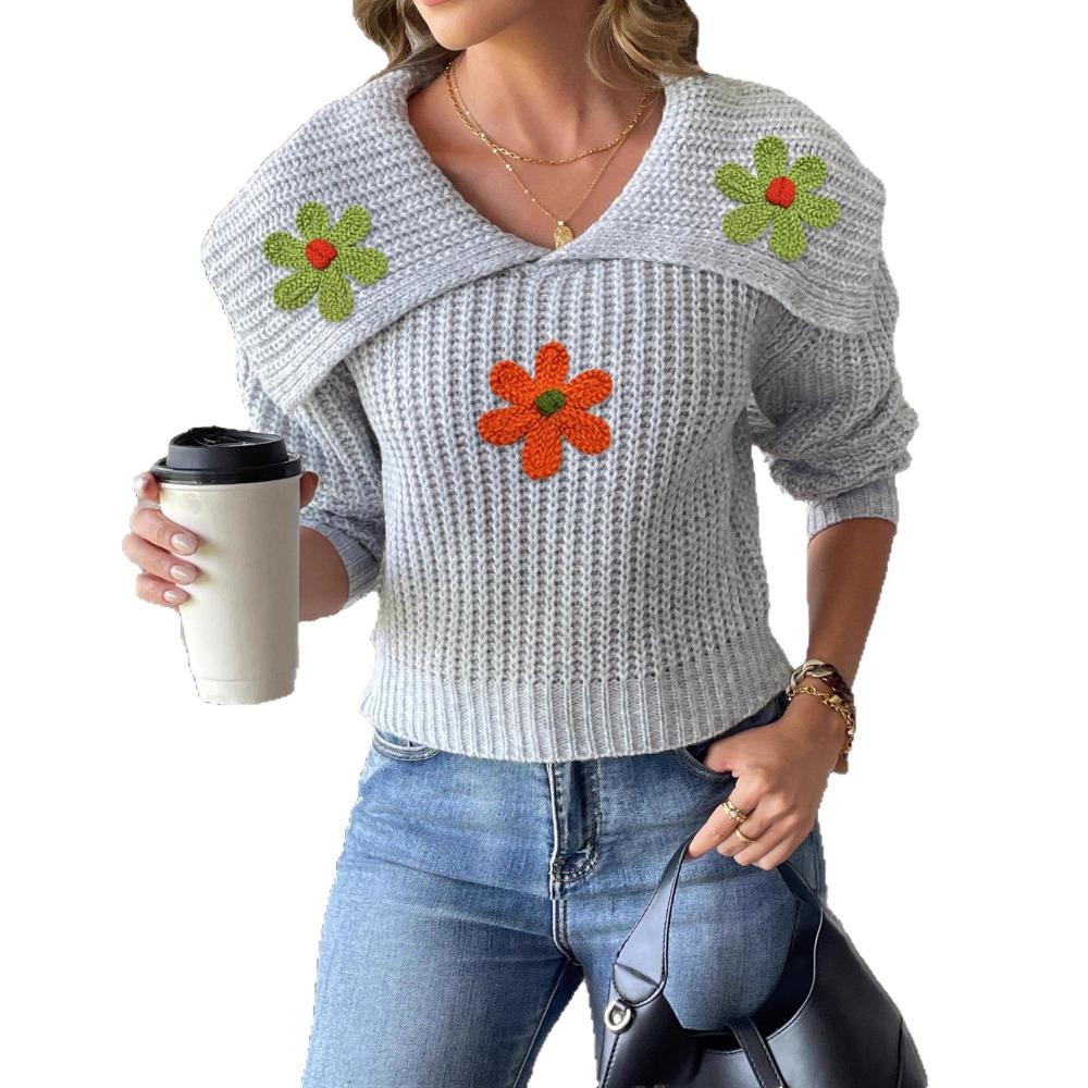 Women’s Cropped Top, Woven Knit, Large Lapel, Embroidered Floral Patchwork Pullover