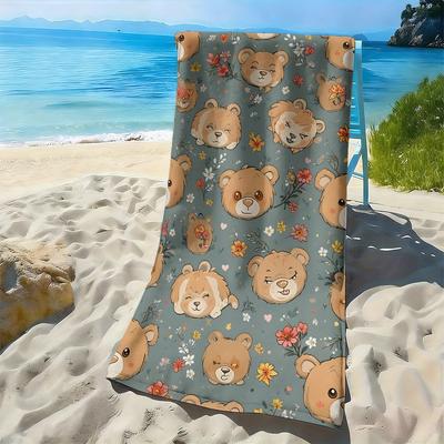 Little Bear with Colorful Flower Patterns Polyester Microfiber Beach Towel Is Highly Absorbent, Suitable Swimming Beach Outings