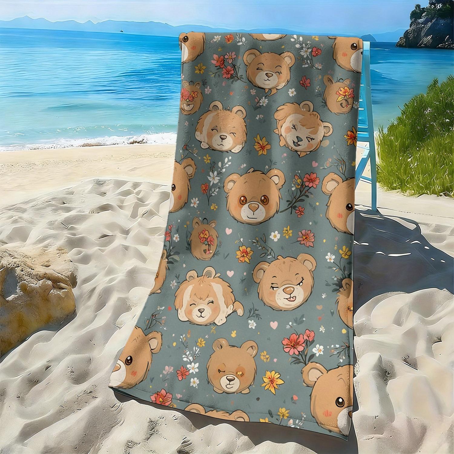 

Little bear with colorful flower patterns polyester microfiber beach towel is highly absorbent, suitable swimming beach outings W40*H60(CM)