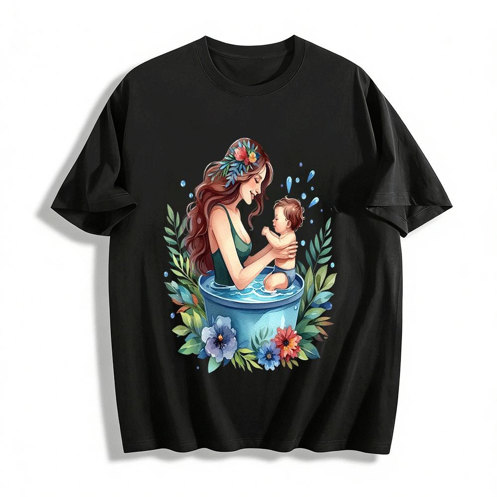 Mom And Baby Bathtime Print Tee Warm Parent-child Interaction Top Pure cotton T-shirt XXS