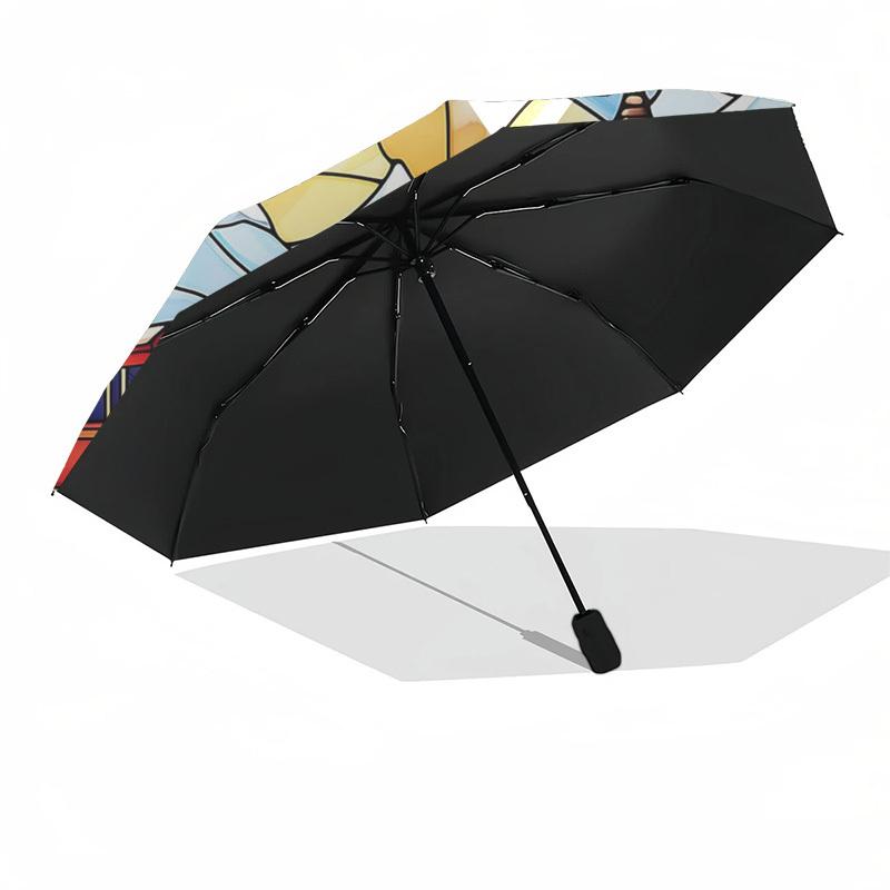 1 Stück Buntglas Dampflok Szene Automatischer Faltregenschirm - Tragbares 3-fach Design mit 8-Speichen Eisenrahmen, Outdoor für Fans, Reisende, Tägliche Nutzung