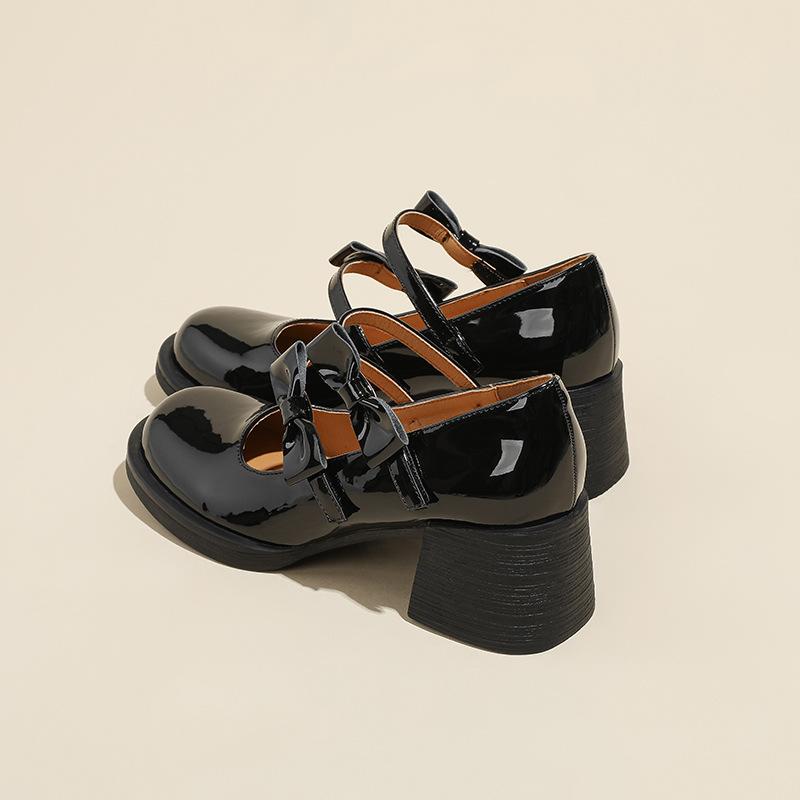 

Французские красивые туфли Мэри Джейн на высоком каблуке женские 2025 ранняя весна новые круглый носок толстый каблук бант стиль колледжа jk одинарные туфли 40 чёрный