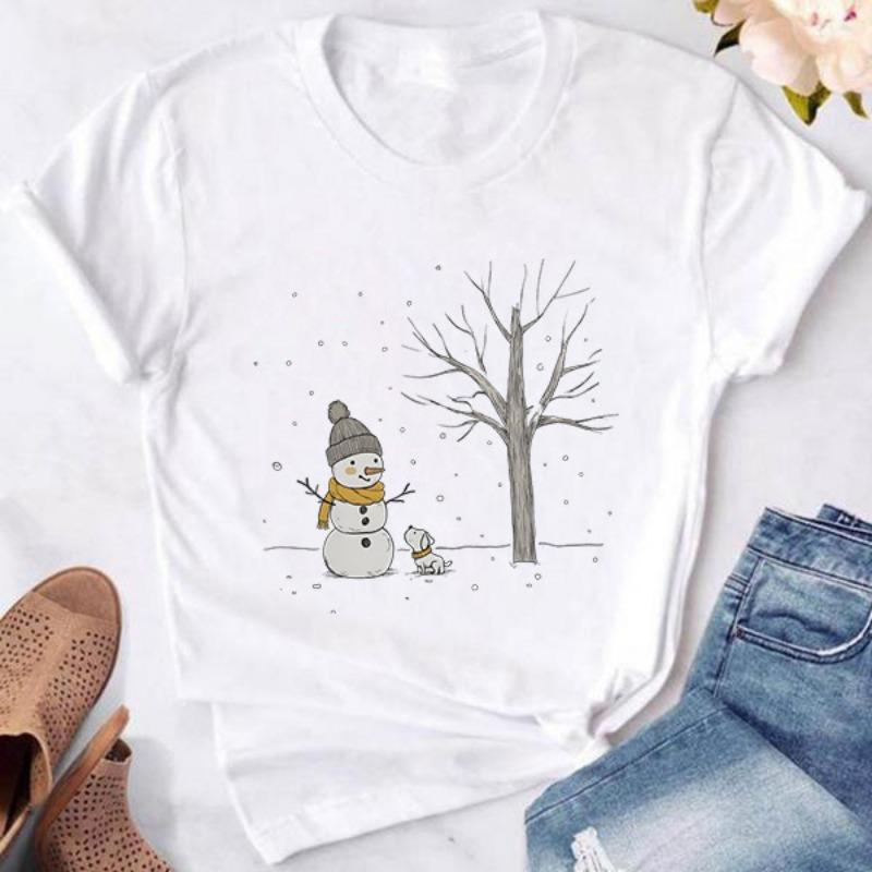 Cute Christmas Snowman Christmas Cute Snowman Printed Cotton Fashion Short Sleeve Casual T-Shirts Women’s